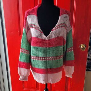 Altar'd State Oversized Sweater Size Small V-Neck Pink, White, Green
